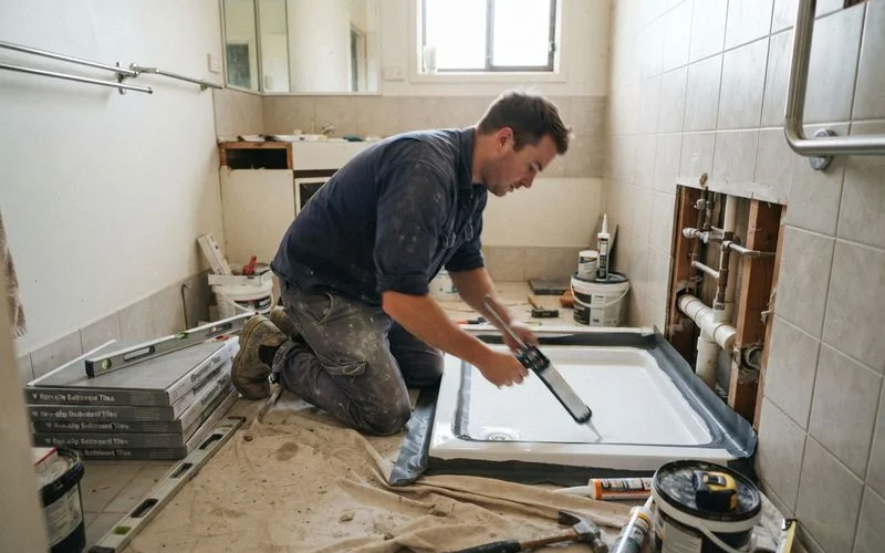 An accessible bathroom renovation in progress in a Perth home showing a step-free shower base and wider doorway framing, daylight, no text overlays