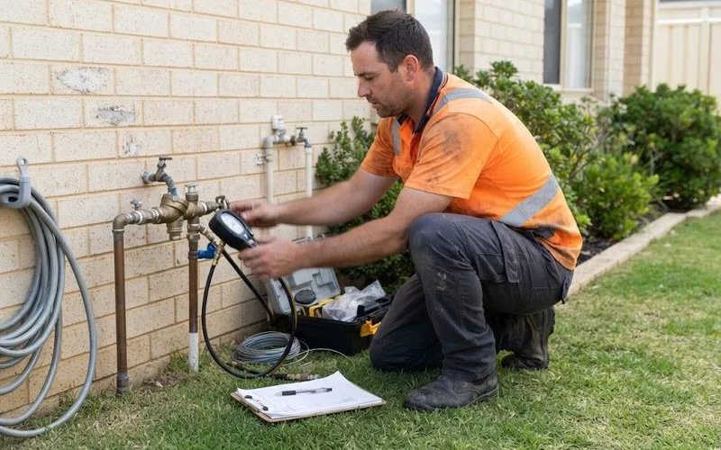 A licensed plumber inspecting a backflow prevention device fitted near a water meter outside a Perth home, daylight, no text overlays