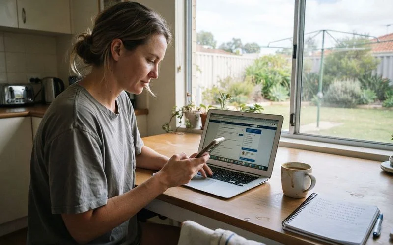 A person comparing several plumber business profiles side by side on a laptop screen at a kitchen table