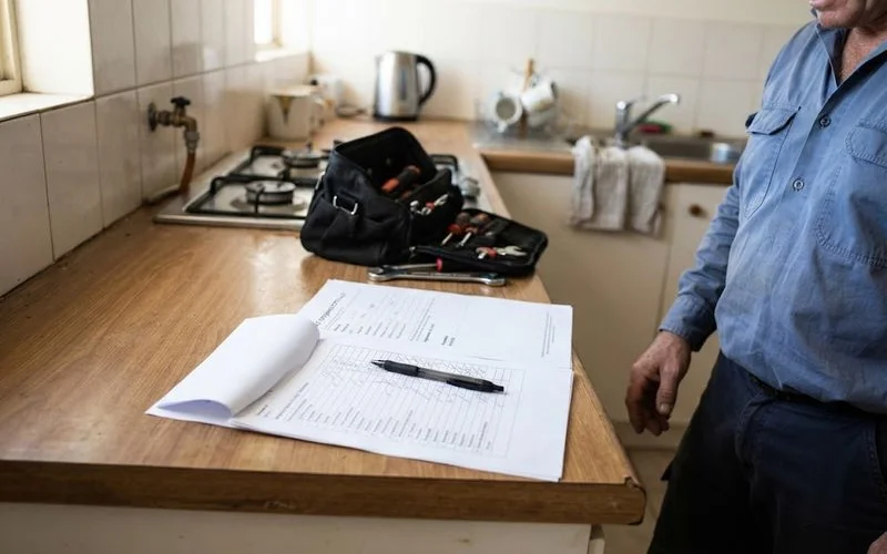 A folder of property compliance paperwork including a gas certificate being reviewed at a kitchen table in a Perth home, daylight, no text overlays
