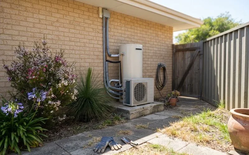 A heat pump hot water system installed against the exterior wall of a Perth home, daylight, no text overlays