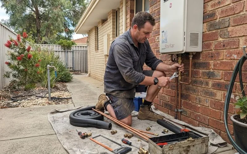 A plumber connecting pipework to a new hot water storage tank installed against an exterior wall of a Perth home, daylight, no text overlays