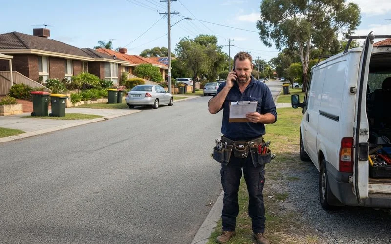 Close-up of a plumbing van and toolbox parked outside a Perth suburban home during a service call