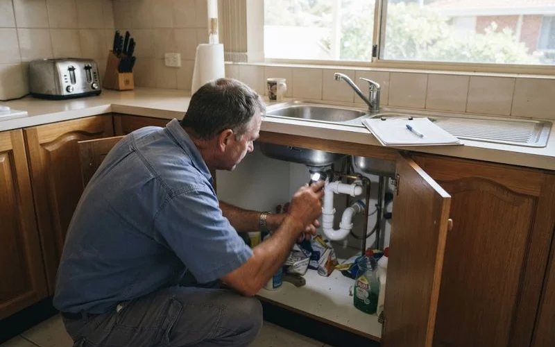 A plumber conducting a general pre-sale plumbing check under a kitchen sink in a Perth home, daylight, no text overlays