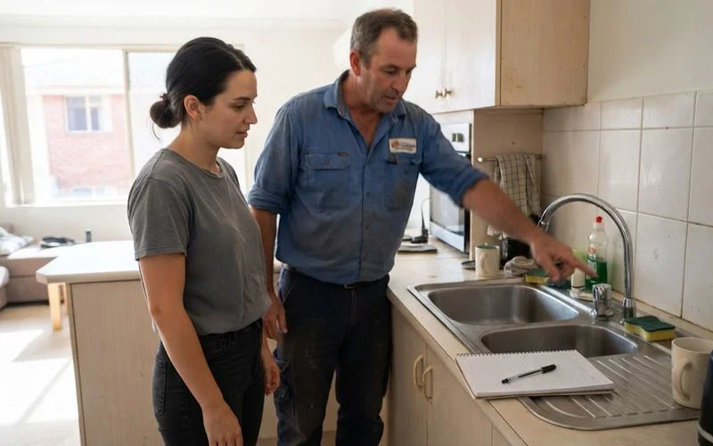 A tenant and a plumber discussing a plumbing repair in the kitchen of a rented Perth home, daylight, no text overlays