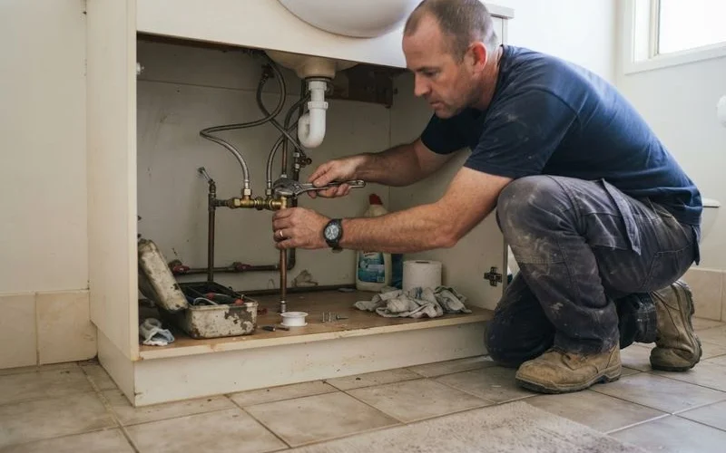 A plumber adjusting a tempering valve fitted near a hot water storage system in a Perth home, daylight, no text overlays